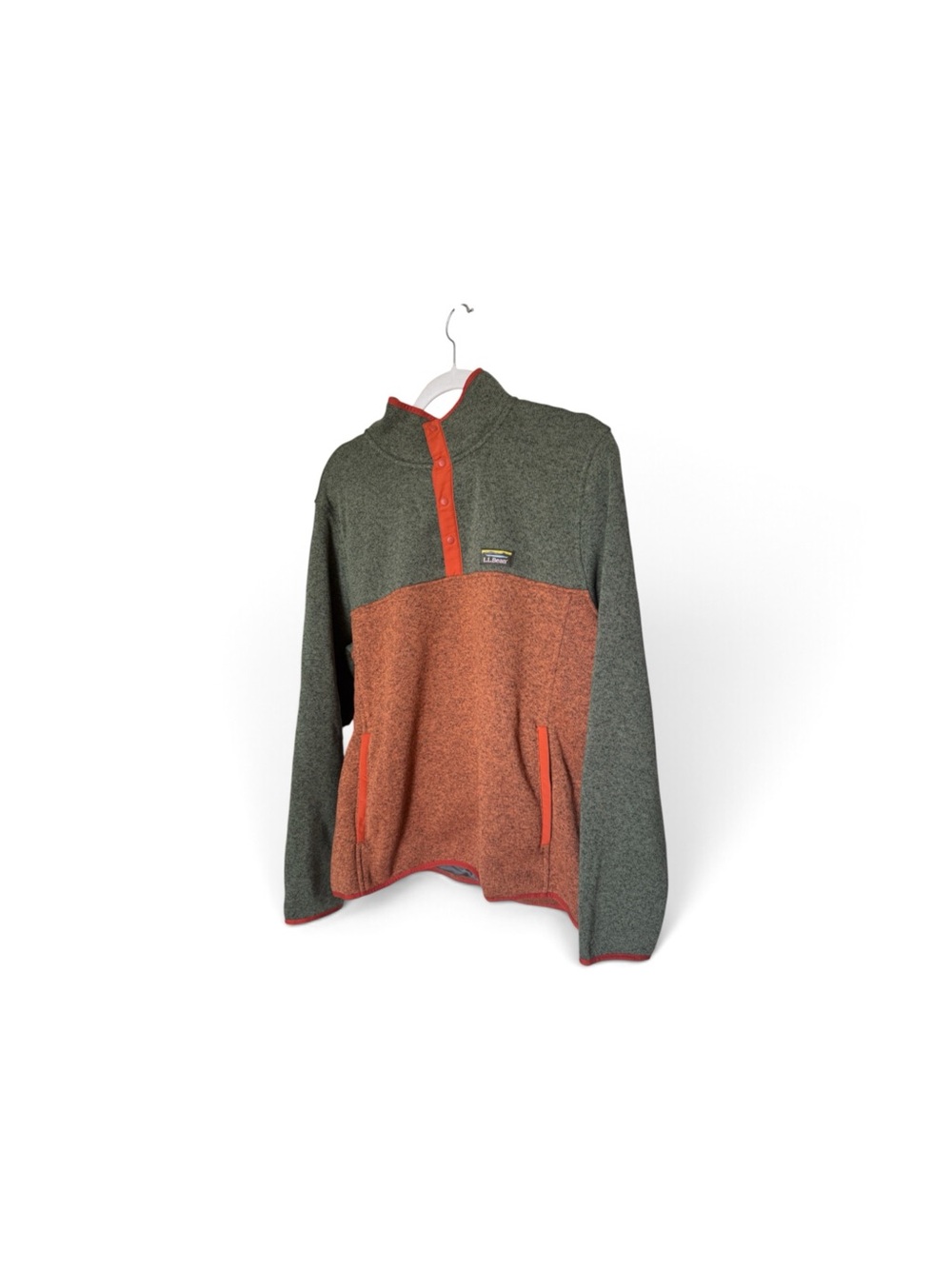 L.L. Bean Olive Green and Rust Two-Tone Snap Fleece Pullover